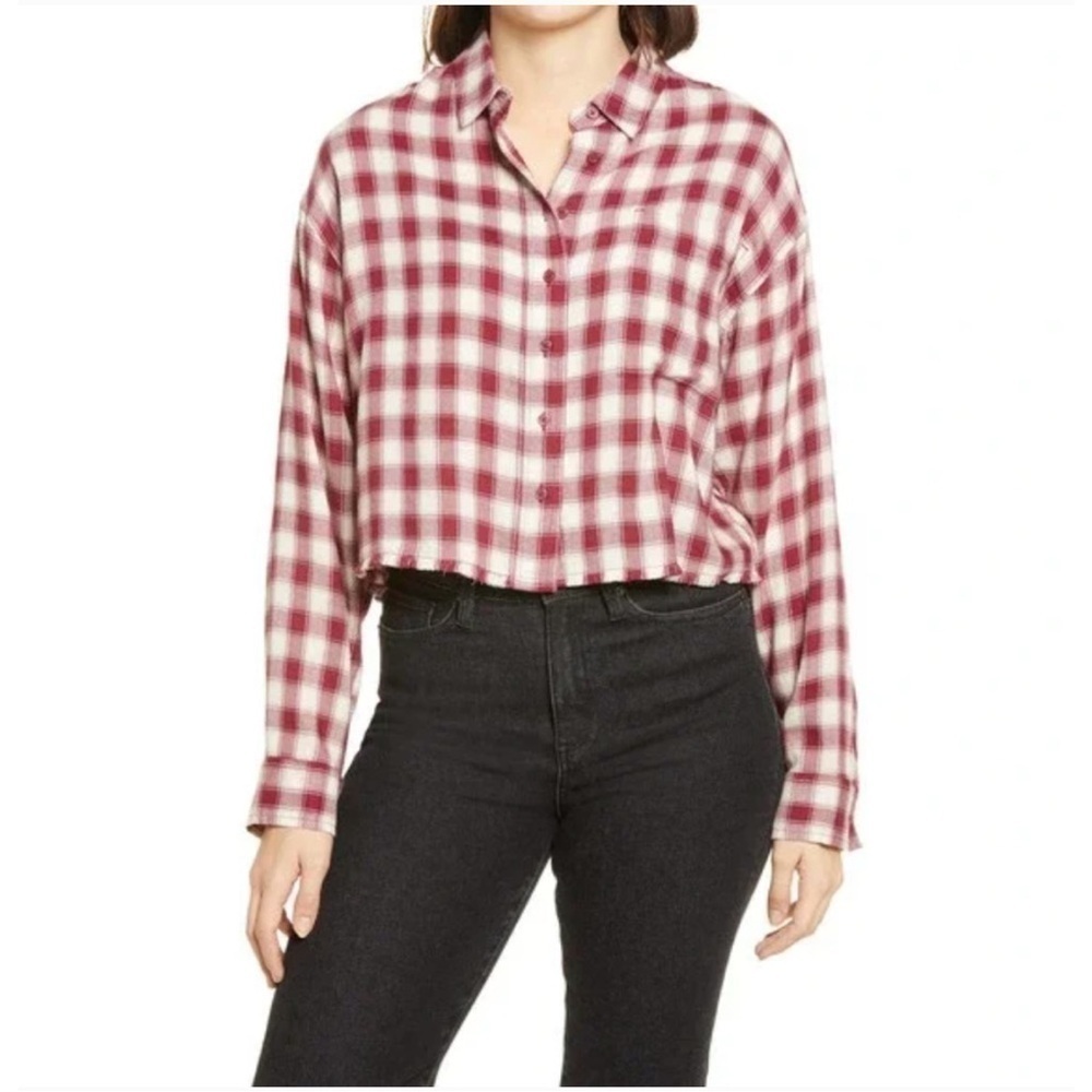 New Abound Nordstrom Cropped Dobby Plaid Button Front Top Women’s Size Small